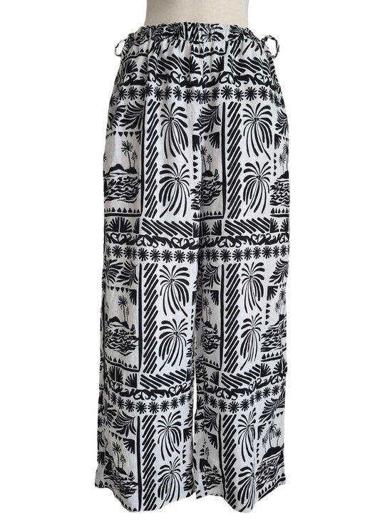 Rachel Zoe Pants - Rachel Zoe Linen Tropical BW Tribal Print Wide Leg Pants Pull on Drawstring M